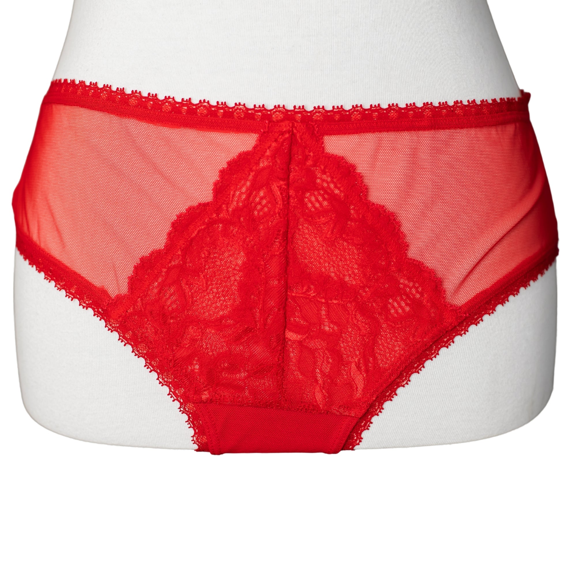 Front of a red lace and mesh brief panty