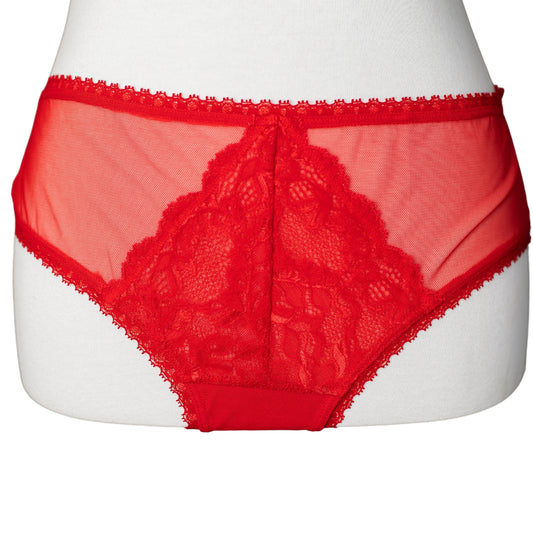 Front of a red lace and mesh brief panty