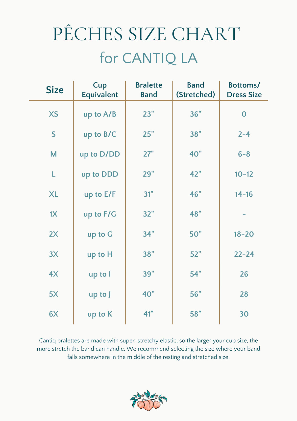 Size chart for lingerie from Cantiq LA