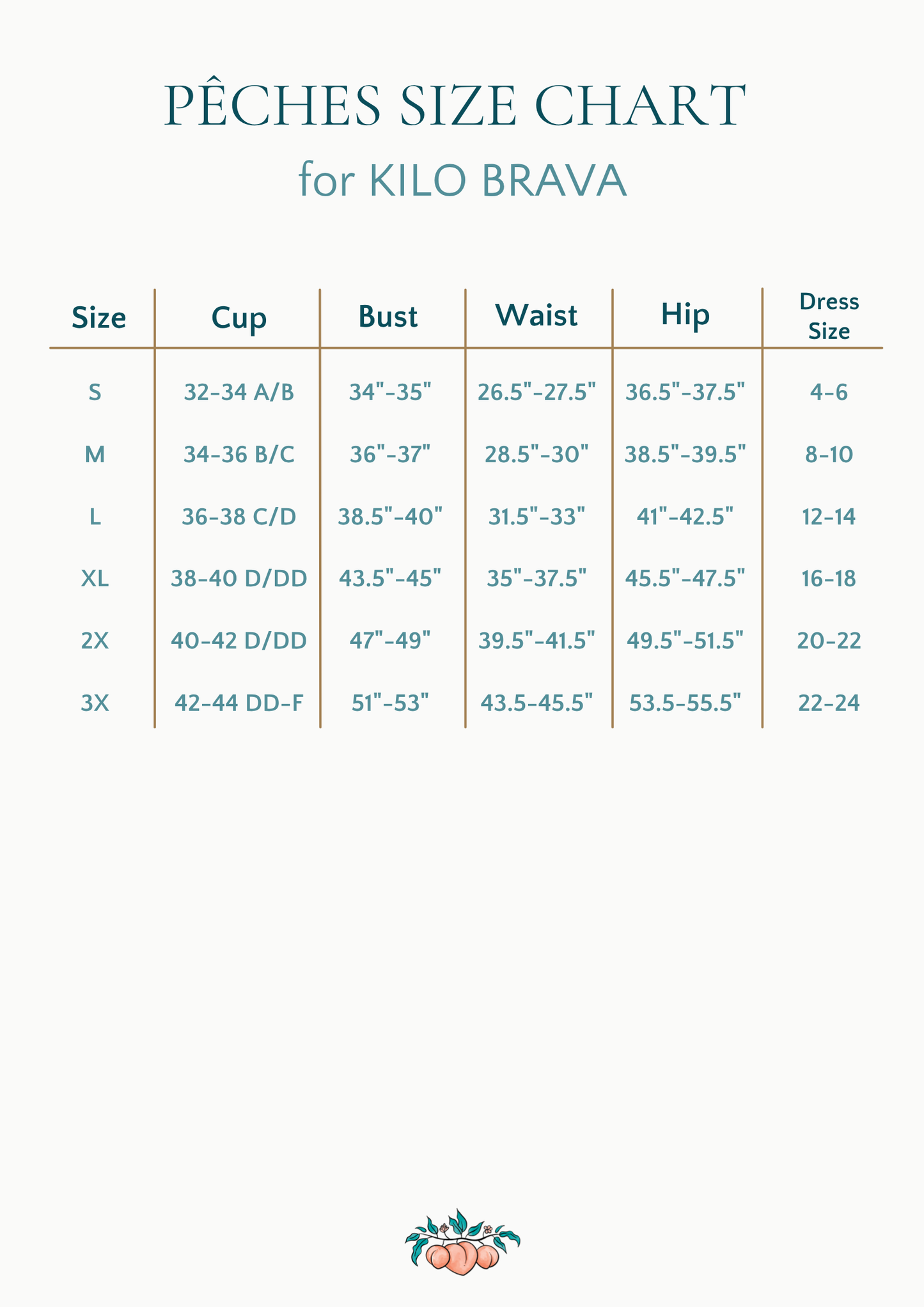 Size chart for lingerie from Kilo Brava