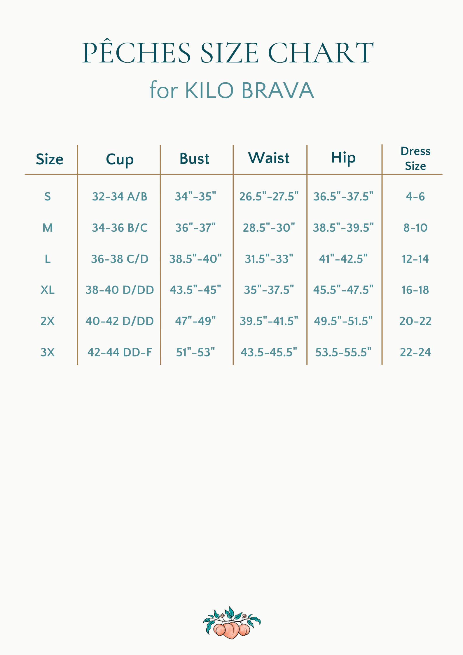Size chart for lingerie from Kilo Brava