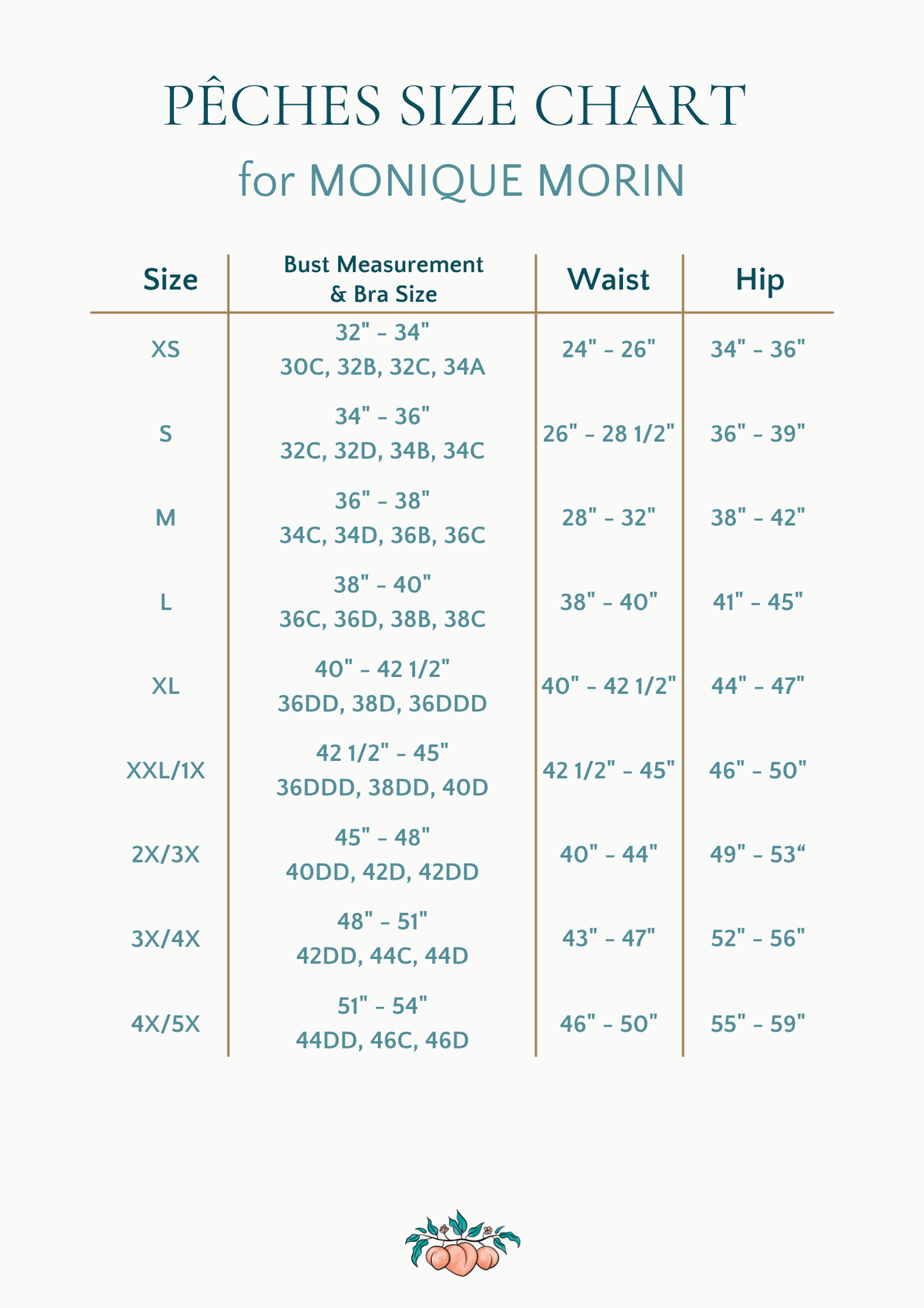 Size chart for Monique Morin lingerie
