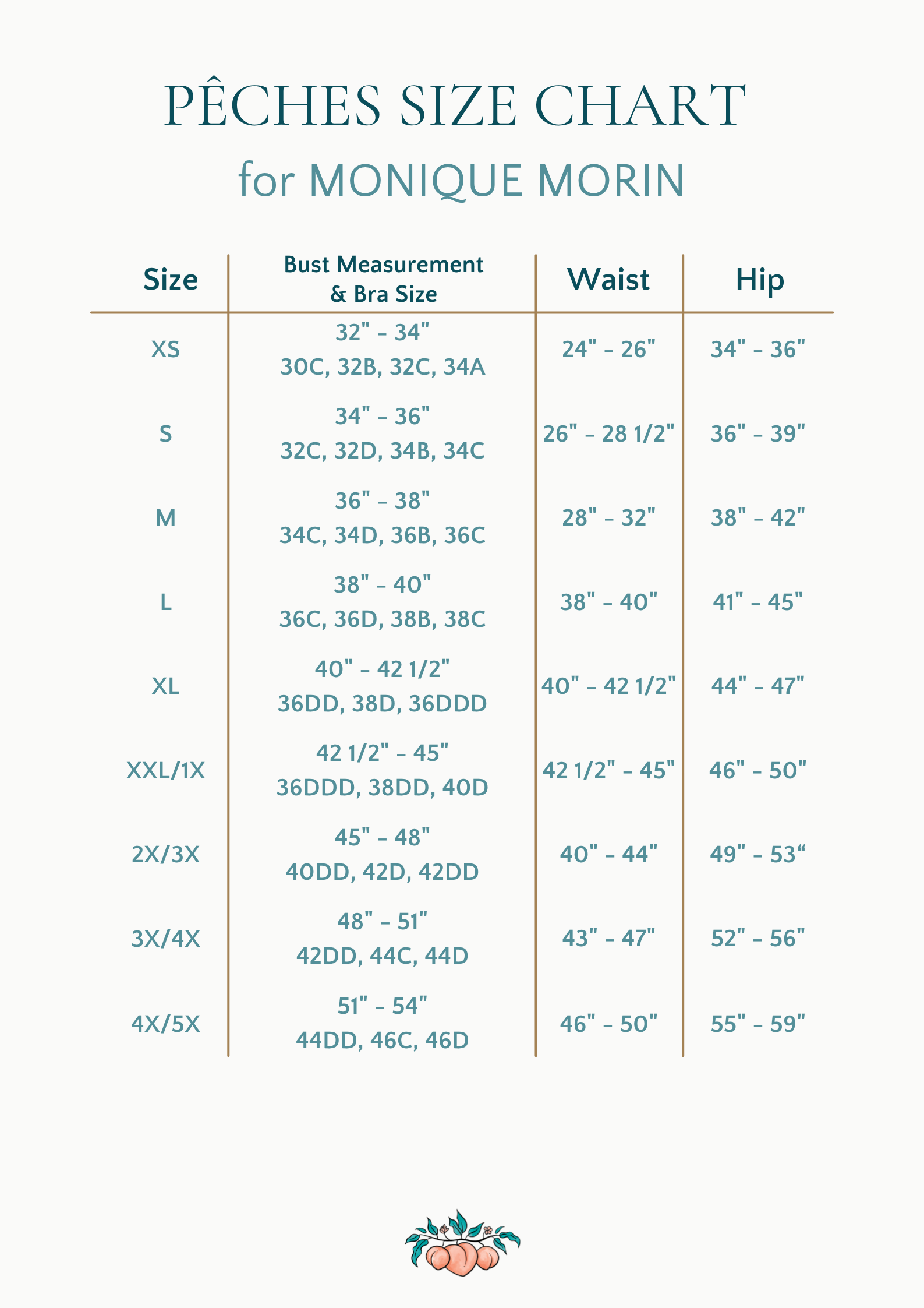 Size chart for Monique Morin lingerie