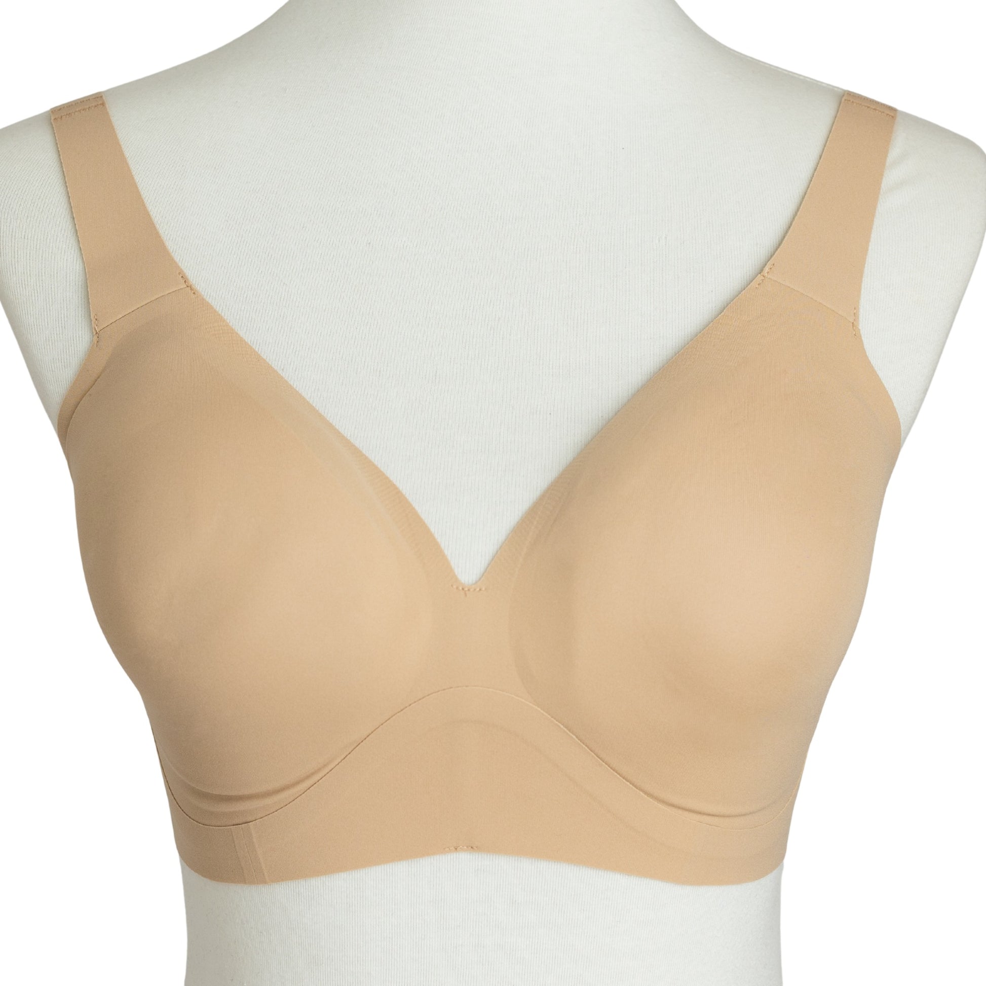 Starlette Plunge Bra showing deep plunge neckline and seamless construction in Sand color