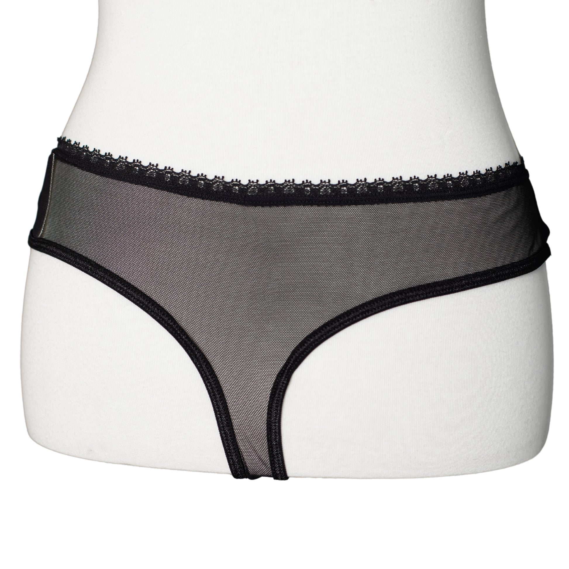 Back view of black mesh and lace thong
