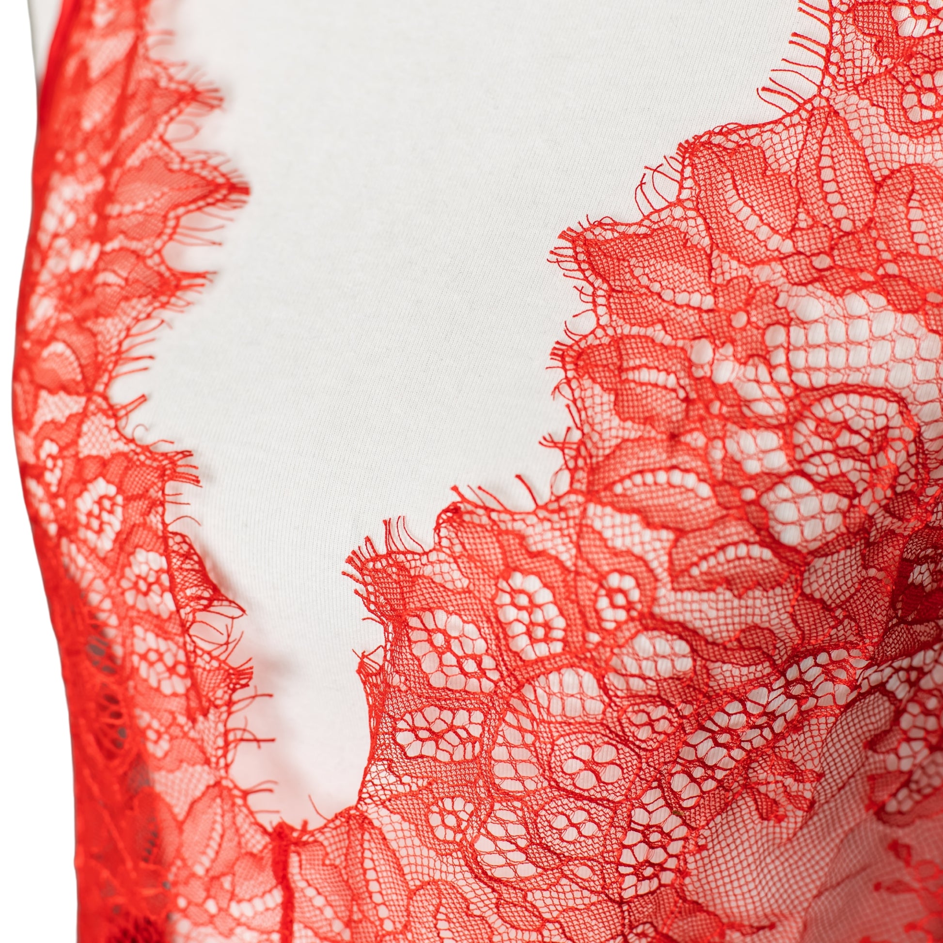 Close-up of eyelash lace on a red lace teddy
