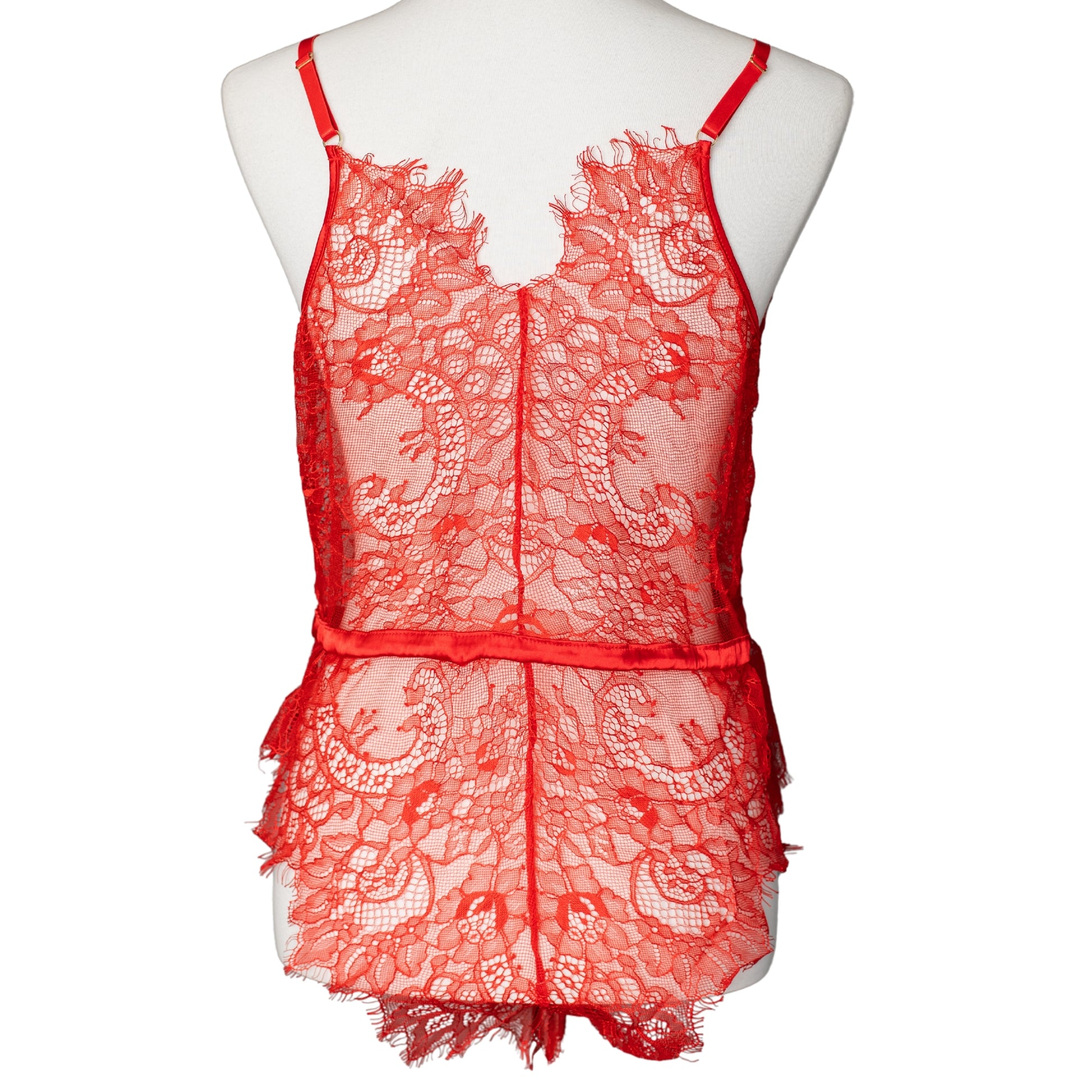 Back view of a red lace teddy