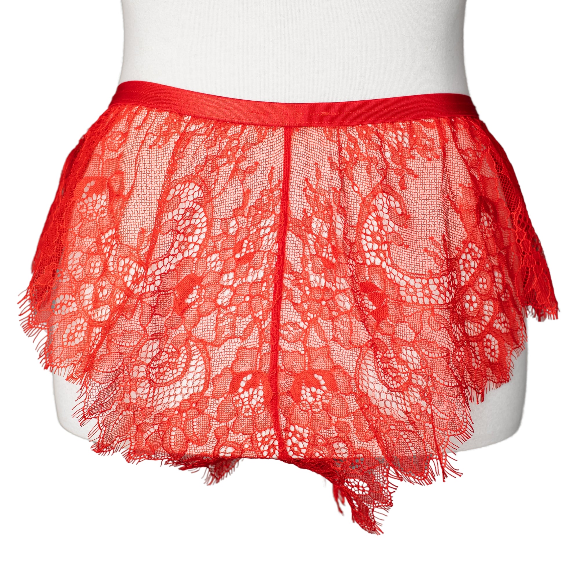 Back view of red lace French knickers