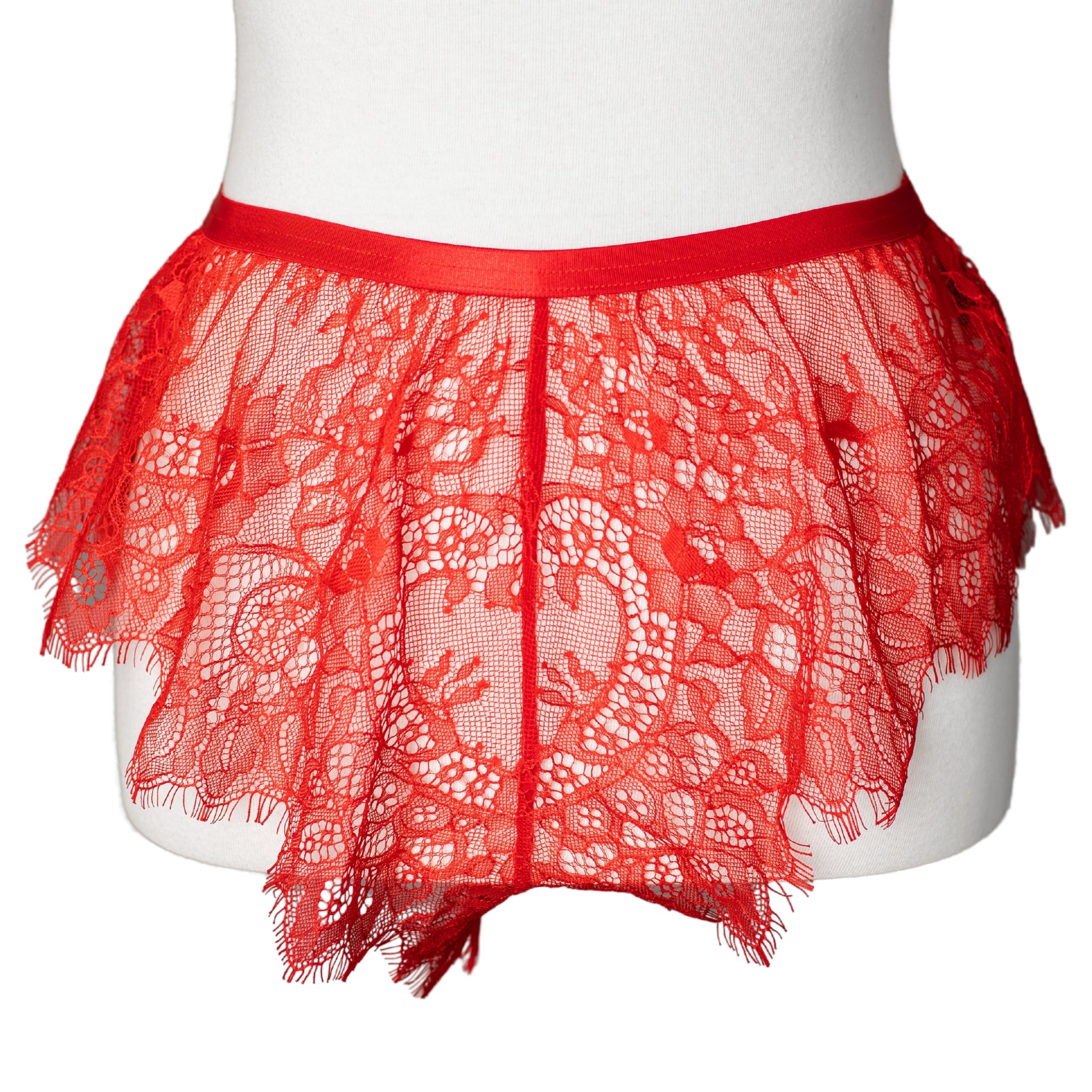 Front view of red lace French knickers