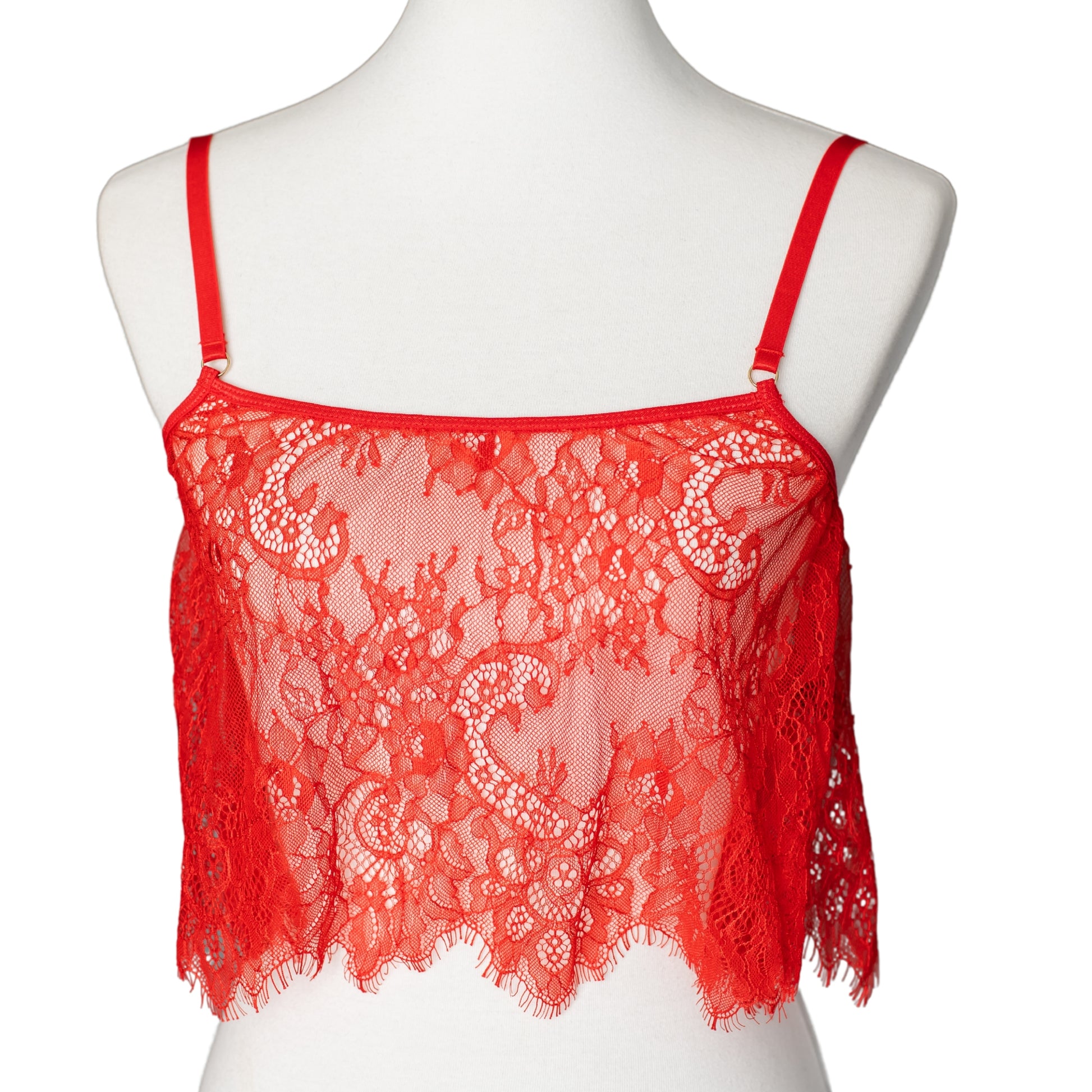 Front view of a red lace camisole