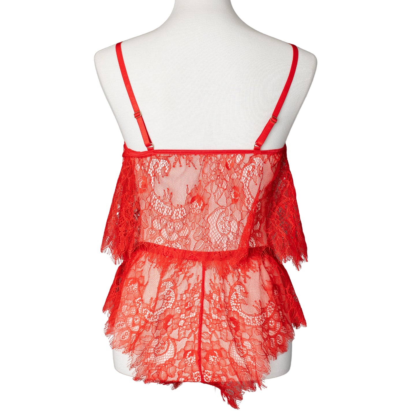 Back view of a red lace camisole and French knicker set