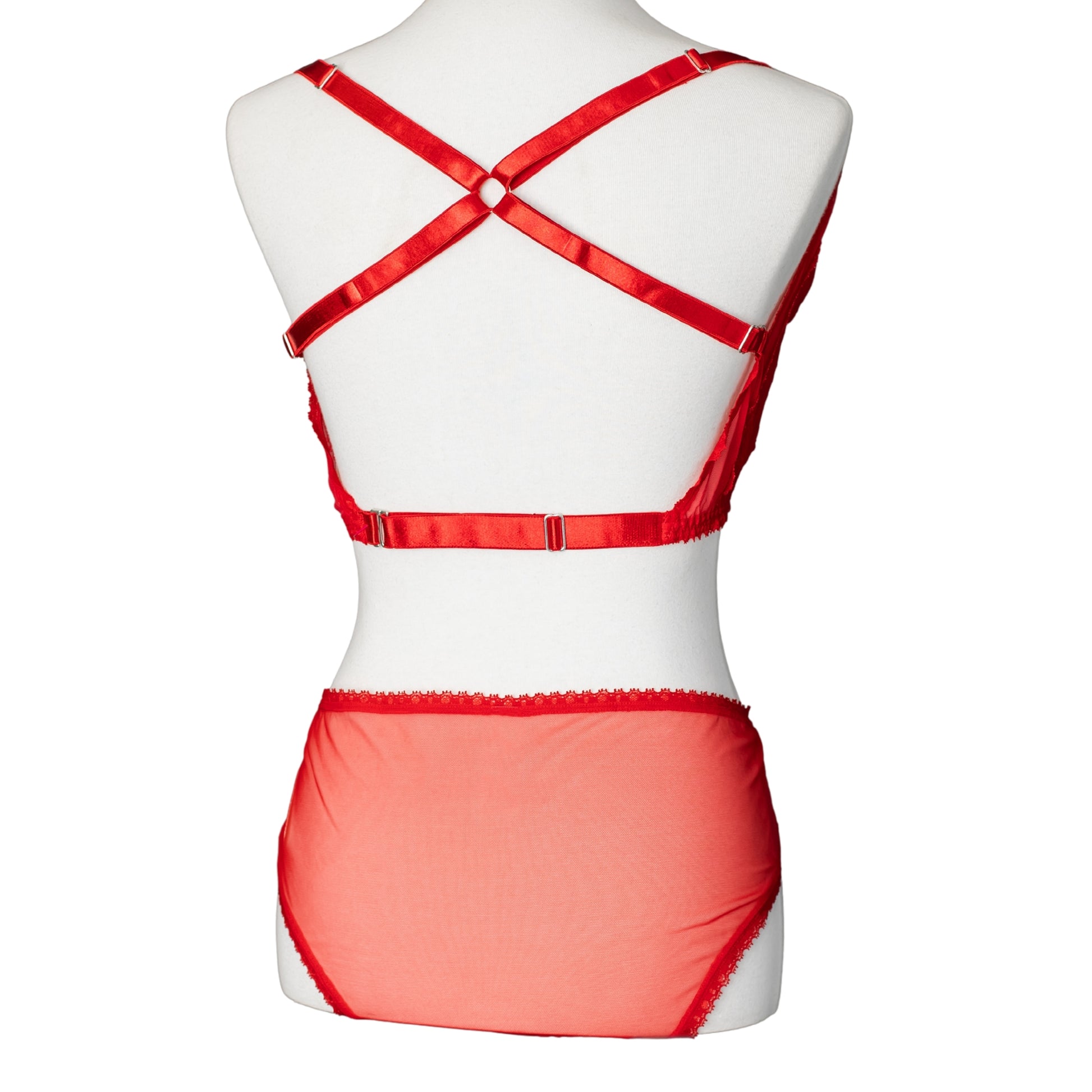 Back view of a red racerback bralette with matching brief