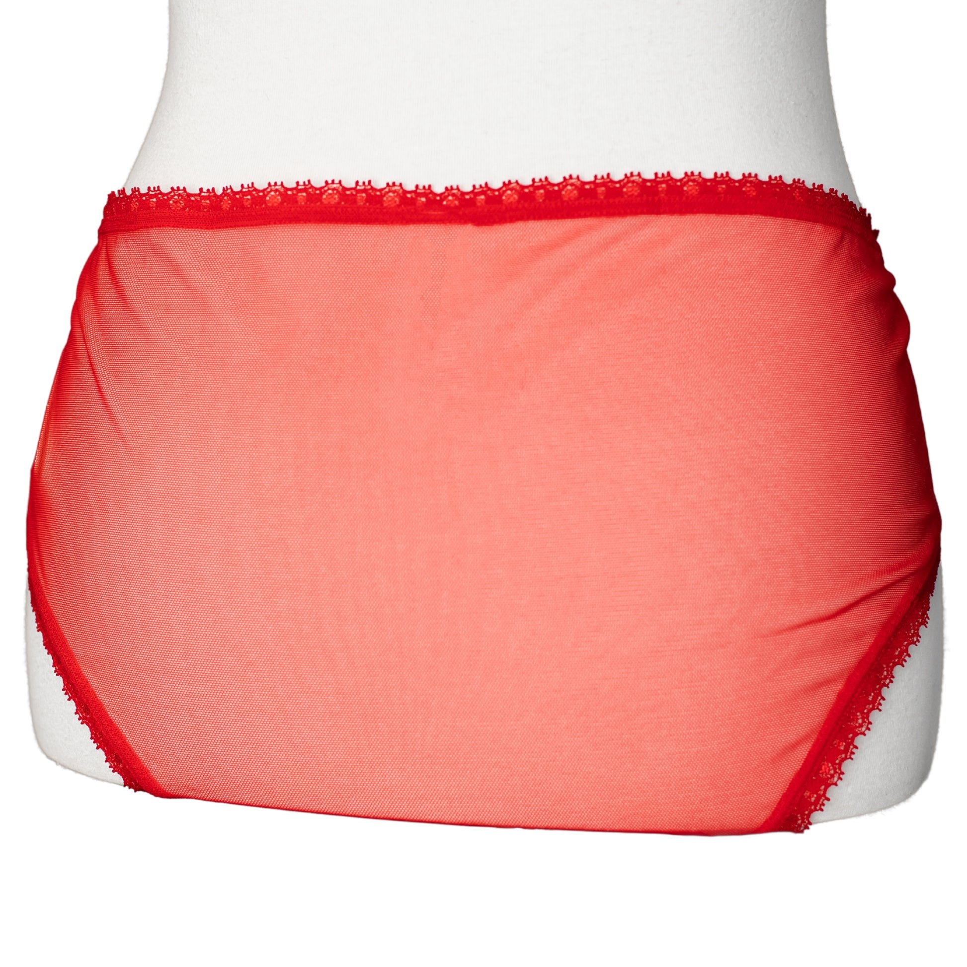 Back of a red lace and mesh brief panty