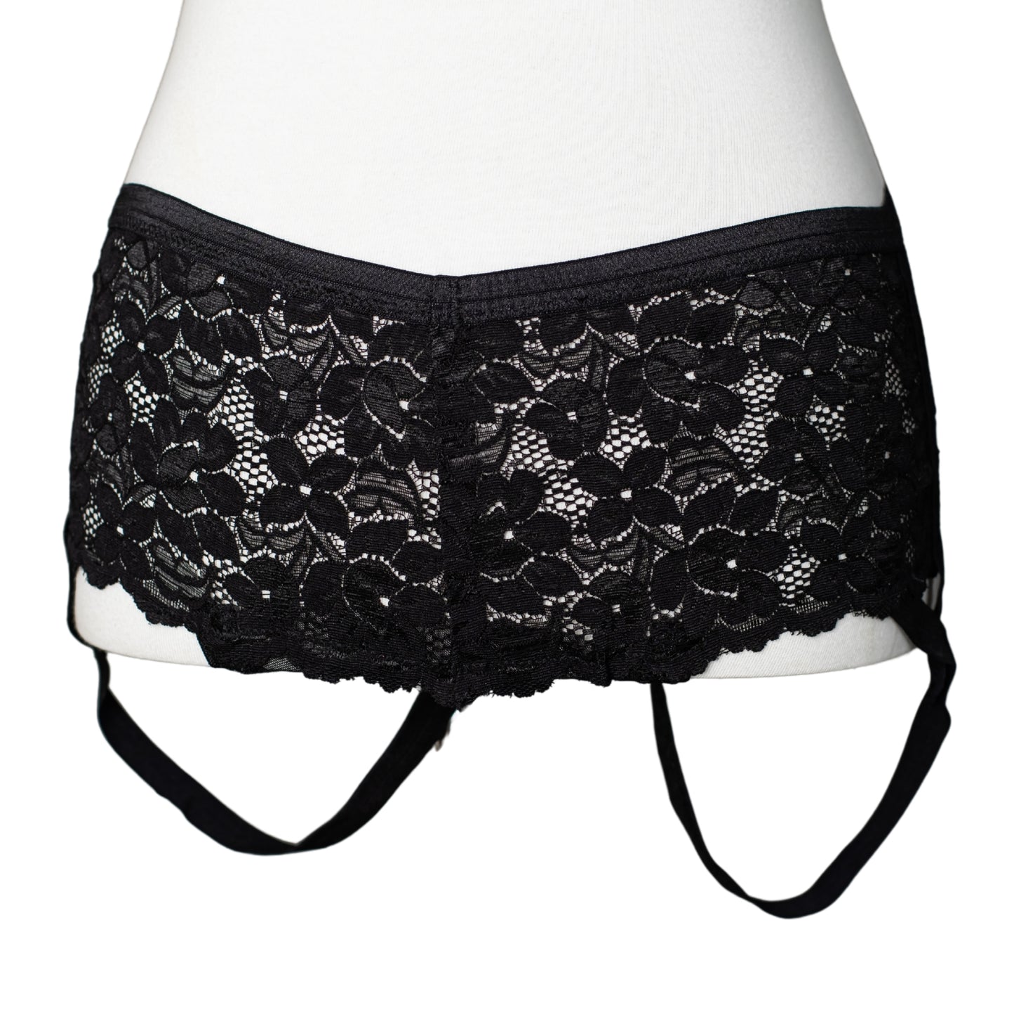 Black lace boyshort panty with straps that lift and accentuate the butt