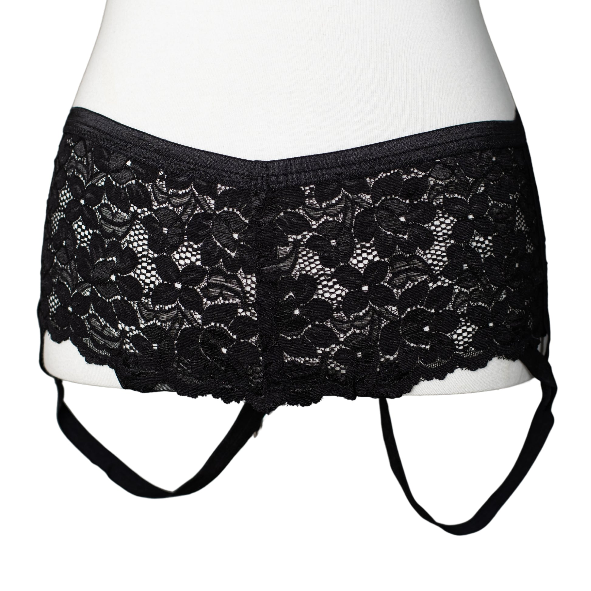 Black lace boyshort panty with straps that lift and accentuate the butt