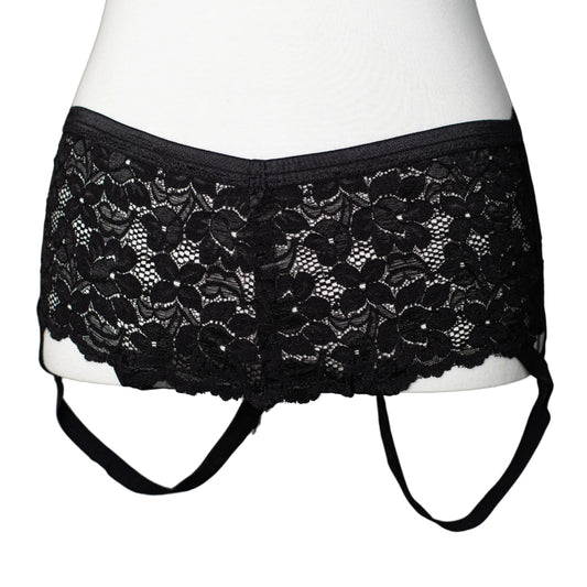 Black lace boyshort panty with straps that lift and accentuate the butt
