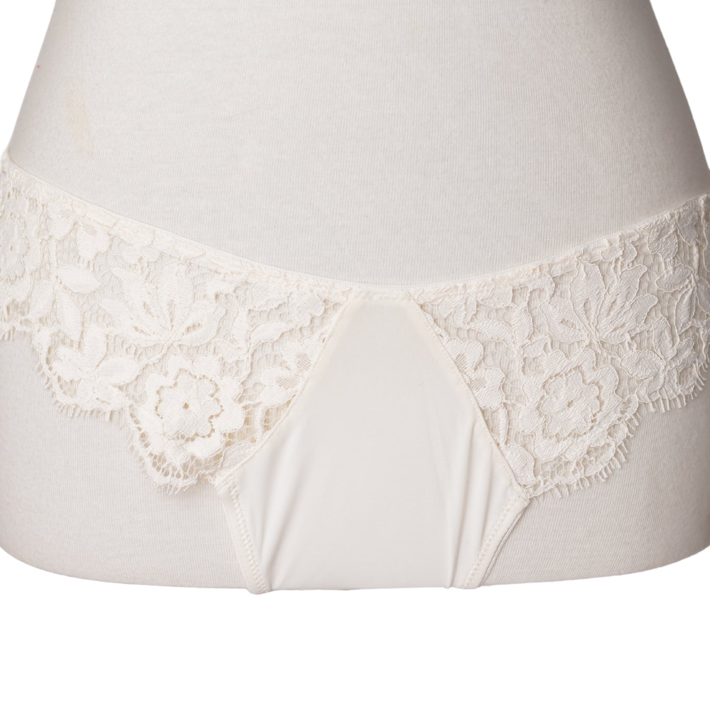 Front details of a white lace brief panty