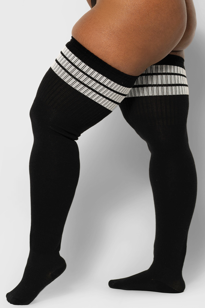 Plus Size Thigh High Tube Socks - Black & White Stripes