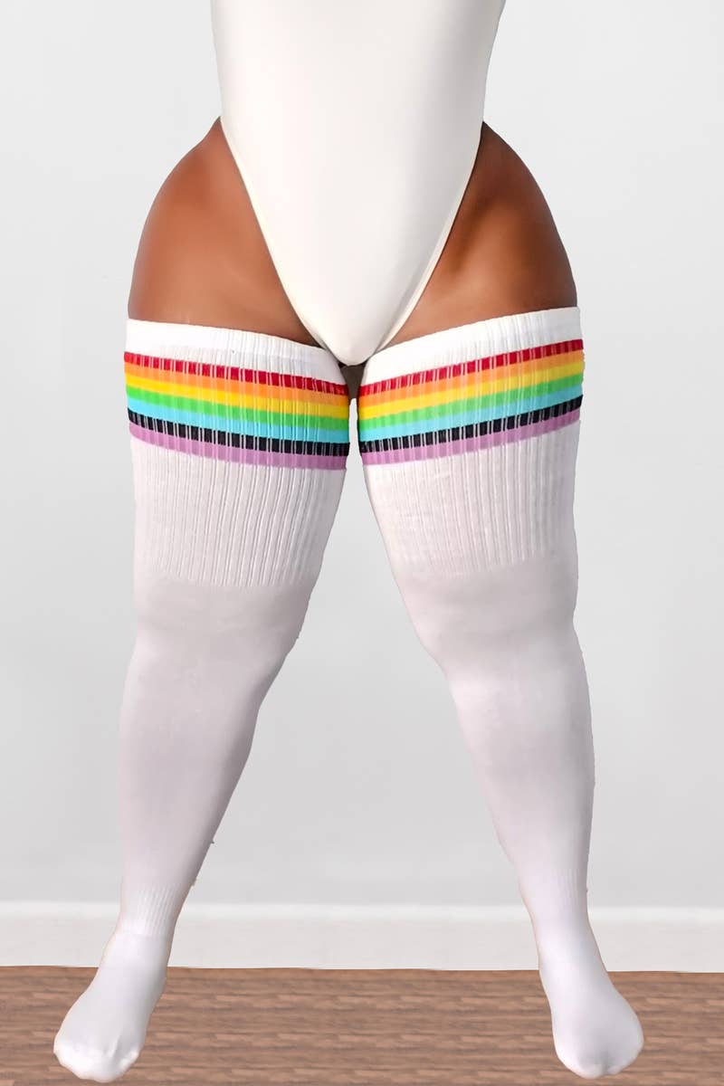 Plus Size Thigh High Tube Socks - Rainbow Stripes